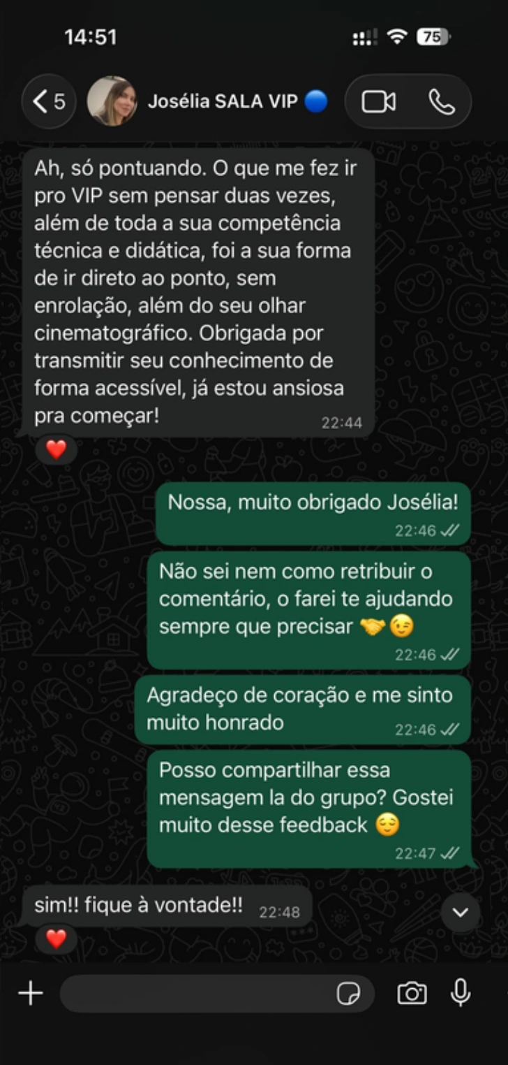 Captura original do depoimento de Josélia no WhatsApp, apresentada no workshop da SALA VIP