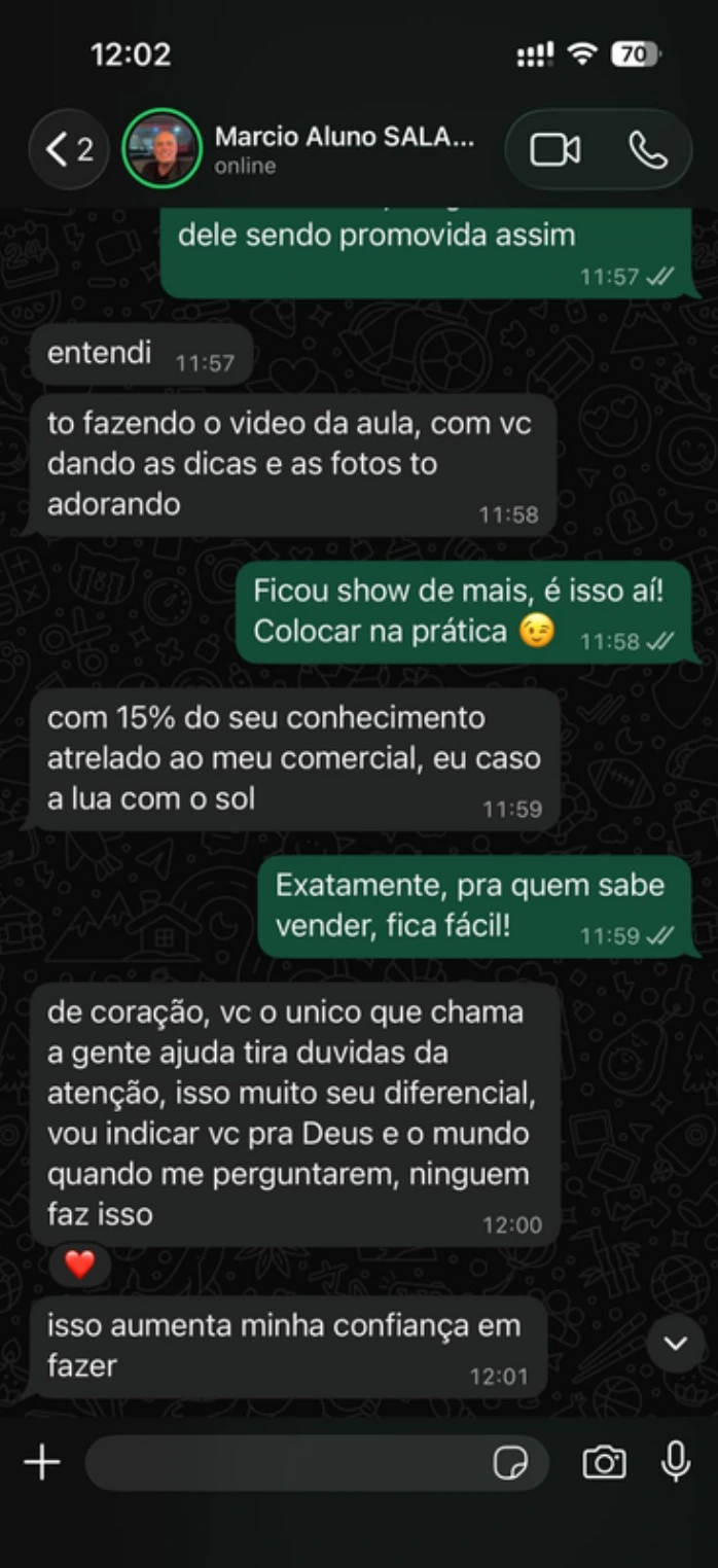 Captura original do depoimento de Marcio no WhatsApp, apresentada no workshop da SALA VIP