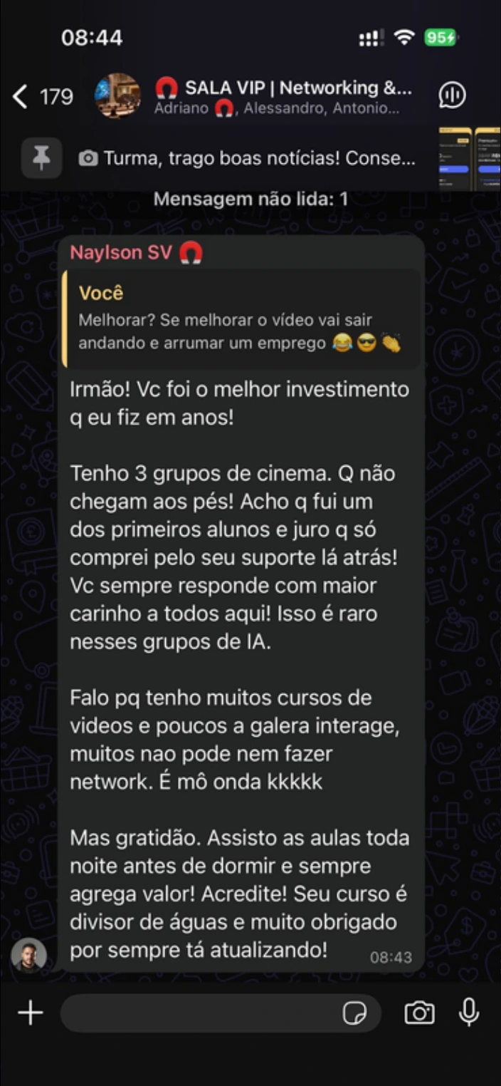 Captura original do depoimento de Naylson no WhatsApp, apresentada no workshop da SALA VIP