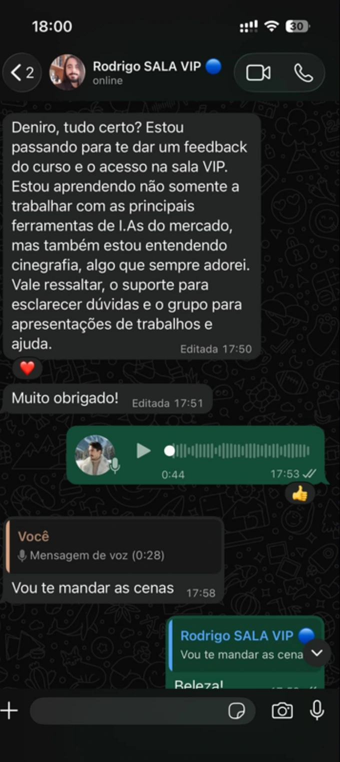 Captura original do depoimento de Rodrigo no WhatsApp, apresentada no workshop da SALA VIP