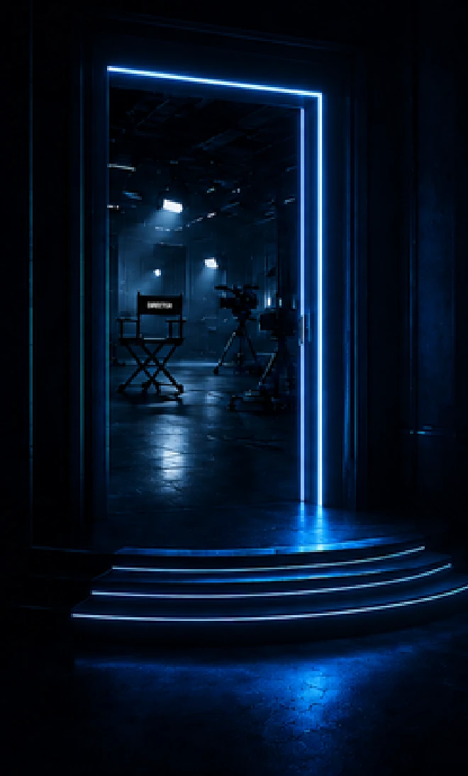 Portal cinematográfico iluminado em azul, dos slides da SALA VIP